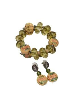 Chicos Beaded Wrap Bangle Bracelet and Earrings Set Asian Inspired Floral Beads